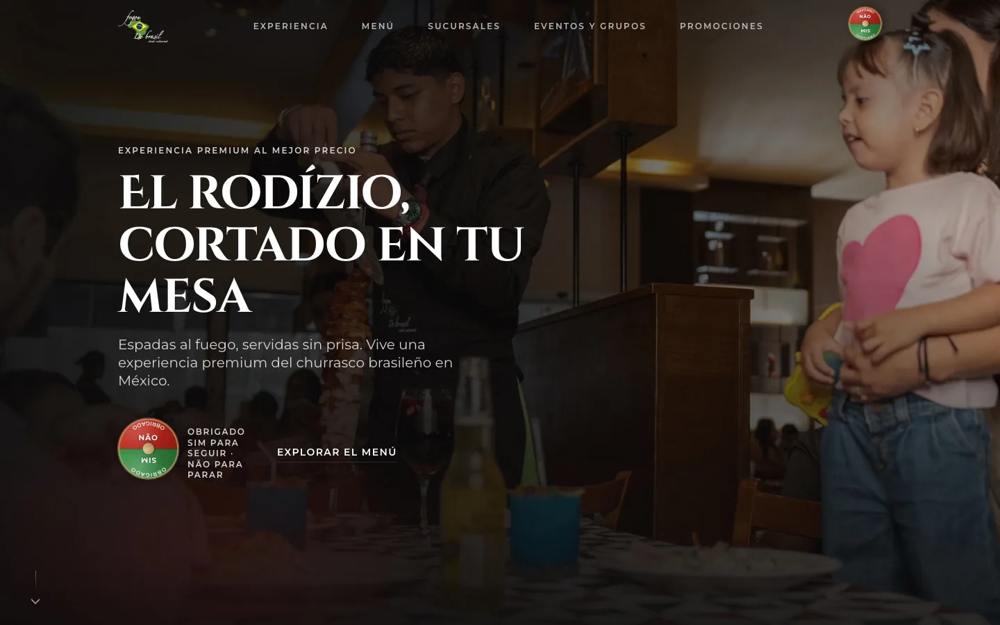 Página de inicio del sitio web de Fogón do Brasil: el rodízio, cortado en tu mesa