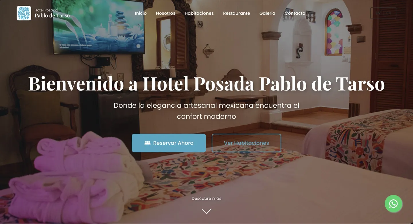 Home page of the Hotel Posada Pablo de Tarso website, with a Book Now button