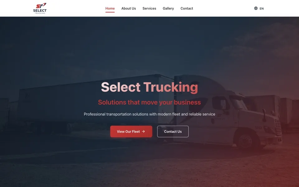 Sitio web de Select Trucking con selector de idioma y botones para ver la flota y contactar